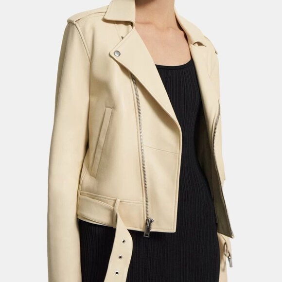 $995 Theory Leather Moto Jacket Women Sz M - Picture 2 of 8